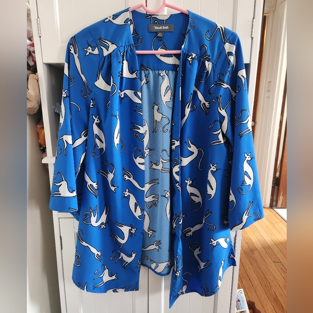Modcloth S/M Blue White Cat Print Breezy Bliss Kimono Cover-up Silky Blouse - Picture 2 of 7